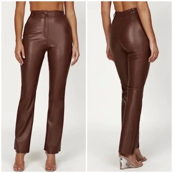 Meshki faux leather Pants, chocolate brown, highwaisted, bootcut size S, NWOT - Picture 1 of 14